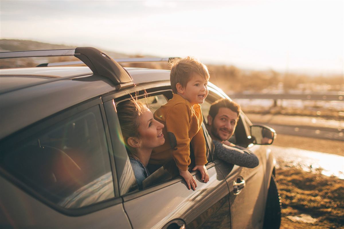 A family leaning out of car windows, smiling at the view
